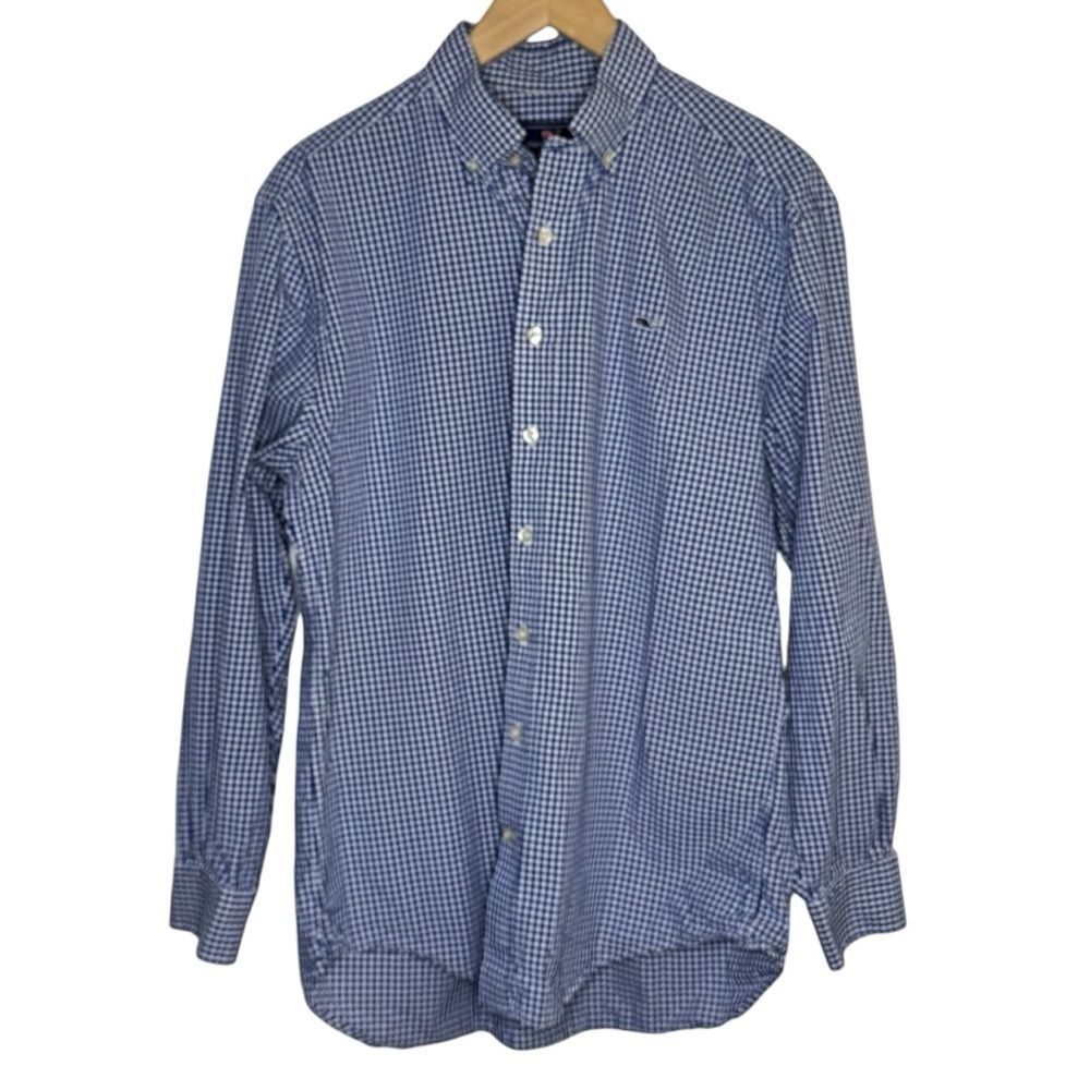 Vineyard Vines Men's Whale Shirt Cotton Blue White Gingham Check Size Medium